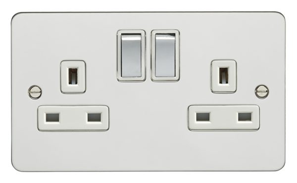 Eurolite EFPSs2SOPSW 2 Gang 13Amp DP Switched Socket Enhance Flat Polished Stainless Steel Plate Matching Rockers White Trim