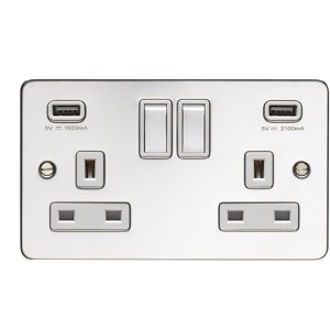 Eurolite Pss2Usbpsw 2 Gang 13Amp Sw Socket With Comb 3.1Ampusb Outlets Round Edge Polished Stainless Steel Plate Match Rockers White Trim