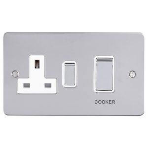 Eurolite Efpss45Aswaspsw 45Amp Dp Cooker Switch With 13Amp Socket Enhance Flat Polished Stainless Steel Plate Red Rockers White Trim