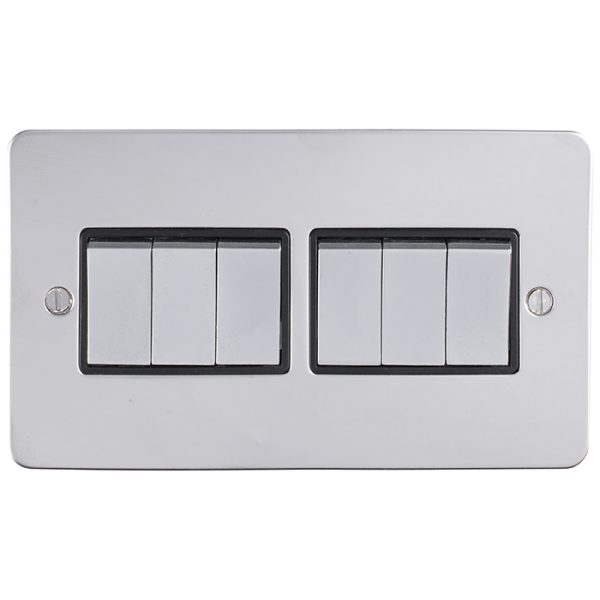 Eurolite EFPSs6SWPSB 6 Gang 10Amp 2Way Switch Flat Polished Stainless Steel Plate Matching Rockers Black Trim