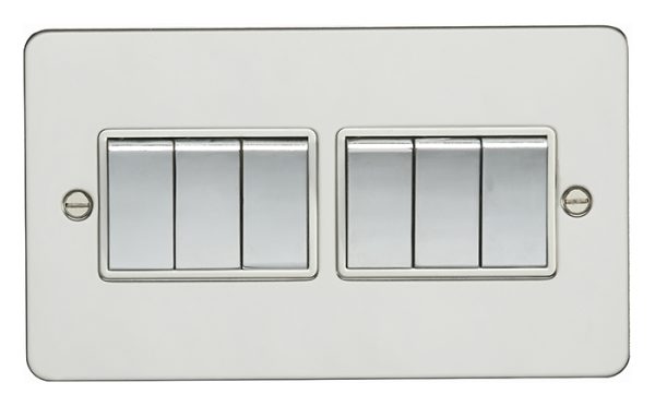 Eurolite EFPSs6SWPSW 6 Gang 10Amp 2Way Switch Flat Polished Stainless Steel Plate Matching Rockers White Trim