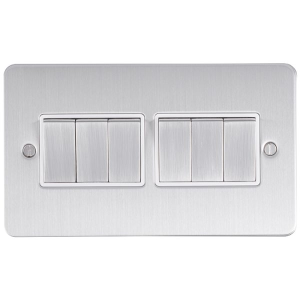 Eurolite Efsss6Swssw 6 Gang 10Amp 2Way Switch Enhance Flat Satin Stainless Steel Plate Matching Rockers White Trim