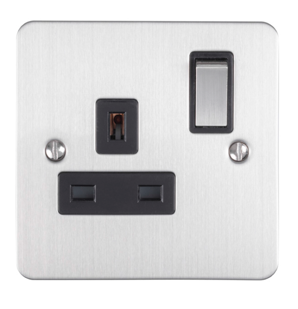 Eurolite EFSSS1SOSSW 1 Gang 13Amp DP Switched Socket – Enhance Flat Satin Stainless Steel Plate with Matching Rocker and White Trim