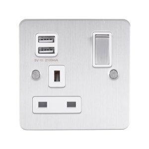 Eurolite EFSSS1USBSW 1 Gang 13Amp Switched Socket With 2.1 Usb Outlet Enhance Flat Satin Stainless Steel Plate Matching Rocker White Trim