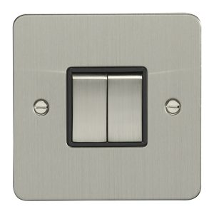 Eurolite Efsss2Swssb 2 Gang 10Amp 2Way Switch Enhance Flat Satin Stainless Steel Plate Matching Rockers Black Trim