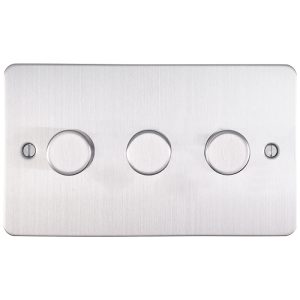 Eurolite Efsss3Dled 3 Gang Led Push On Off 2Way Dimmer Switch Enhance Flat Satin Stainless Steel Plate Matching Knobs