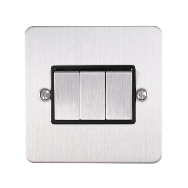 Eurolite EFSSS3SWSSB 3 Gang 10Amp 2-Way Switch Enhance Flat Satin Stainless Steel Plate Matching Rockers Black Trim