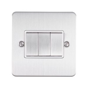 Eurolite EFSSS3SWSSW is a 3-gang 10Amp 2Way Switch Enhance Flat Satin Stainless Steel Plate Matching Rockers White Trim