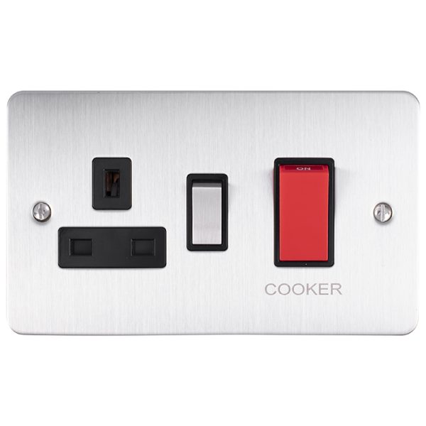 Eurolite EFSSS45ASWASSB 45Amp DP cooker Switch With 13Amp Socket Enhance Flat Satin Stainless Steel Plate Red Rockers Black Trim