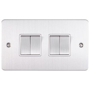 Eurolite Efsss4Swssw 4 Gang 10Amp 2Way Switch Enhance Flat Satin Stainless Steel Plate Matching Rockers White Trim