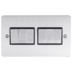 Eurolite Efsss6Swssb 6 Gang 10Amp 2Way Switch Enhance Flat Satin Stainless Steel Plate Matching Rockers Black Trim