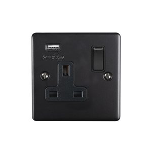 Eurolite En1Usbmbb 1 Gang 13Amp Switched Socket With 2.1 Amp Usb Outlet Matt Black Enhance Range Black Trim