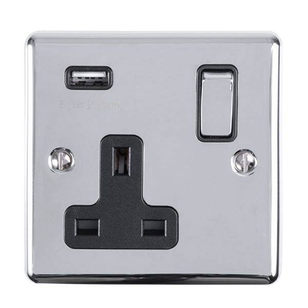 Eurolite En1Usbpcb 1 Gang 13Amp Switched Socket With 2.1 Amp Usb Outlet Polished Chrome Enhance Range Black Trim