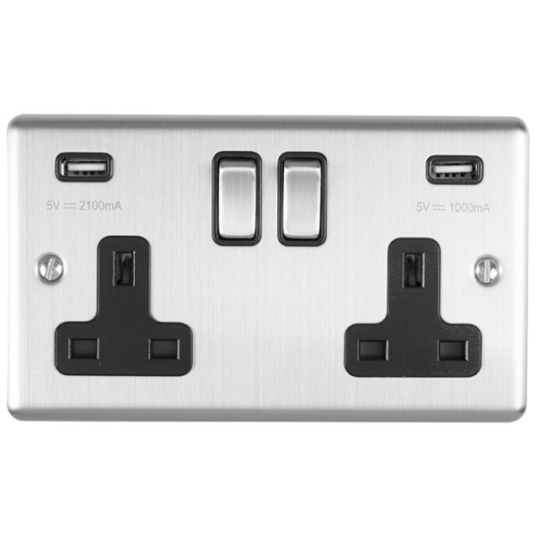 Eurolite En2Usbssb 2 Gang 13Amp Switched Socket With Comb 3.1 Amp Usb Outlets Satin Enhance Range Black Trim