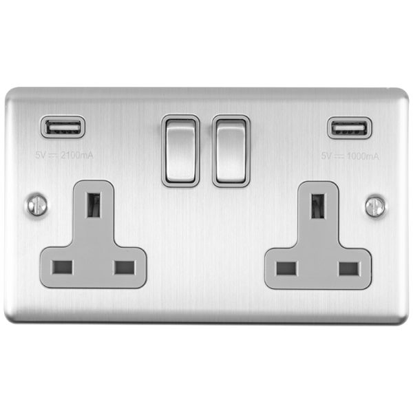 Eurolite En2Usbssg 2 Gang 13Amp Switched Socket With Comb 3.1 Amp Usb Outlets Satin Enhance Range Grey Trim