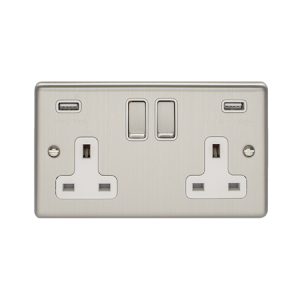 Eurolite En2Usbssw 2 Gang 13Amp Switched Socket With Comb 3.1 Amp Usb Outlets Satin Enhance Range White Trim