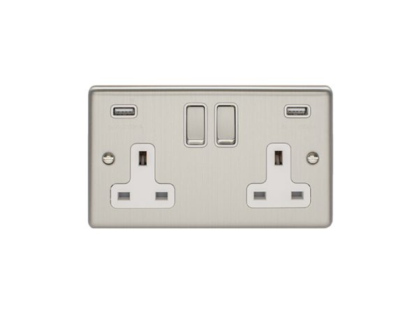 Eurolite En2Usbssw 2 Gang 13Amp Switched Socket With Comb 3.1 Amp Usb Outlets Satin Enhance Range White Trim