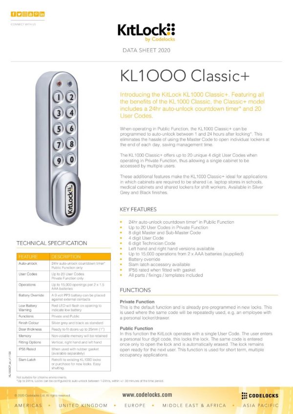 CODELOCKS KL1000 Plus Electronic Kitlock Cabinet Lock Silver Grey