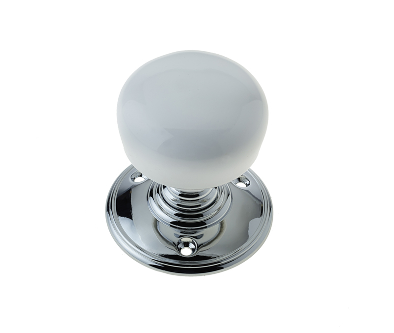 White porcelain mortice knob furniture on PC rose