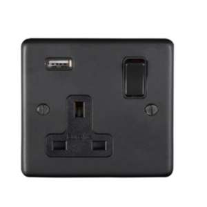 Eurolite Mb1Usbbnb 1 Gang 13Amp Switched Socket With 2.1 Amp Usb Outlet Round Edge Matt Black Plate Black Nickel Rocker