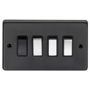 Eurolite Mb4Sw 4 Gang 10Amp 2Way Switch Round Edge Matt Black Plate Black Nickel Rockers