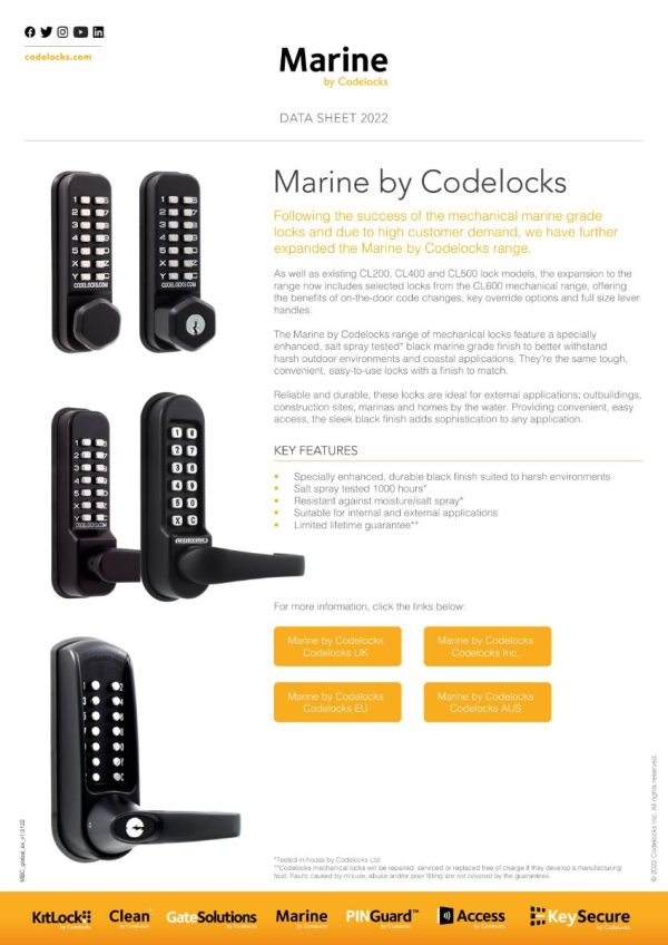 CODELOCKS 600 Mechanical Digital Locks Marine 600 series Front Plate Only Panic Kit Marine Grade Black