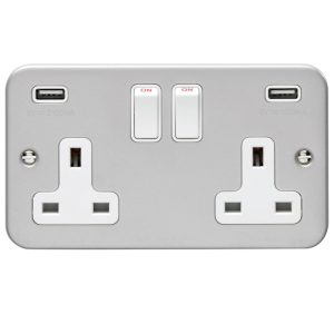 Eurolite Mc2Usbw 2 Gang 13Amp Switched Socket With Combined 3.1 Amp Usb Outlets Metal Clad