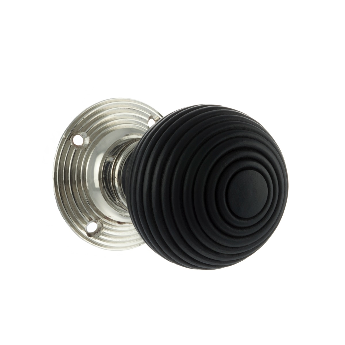 Old English Whitby Ebony Wood Reeded Mortice Knob on 60mm Face Fix Rose - Polished Nickel OE60RREMKPN