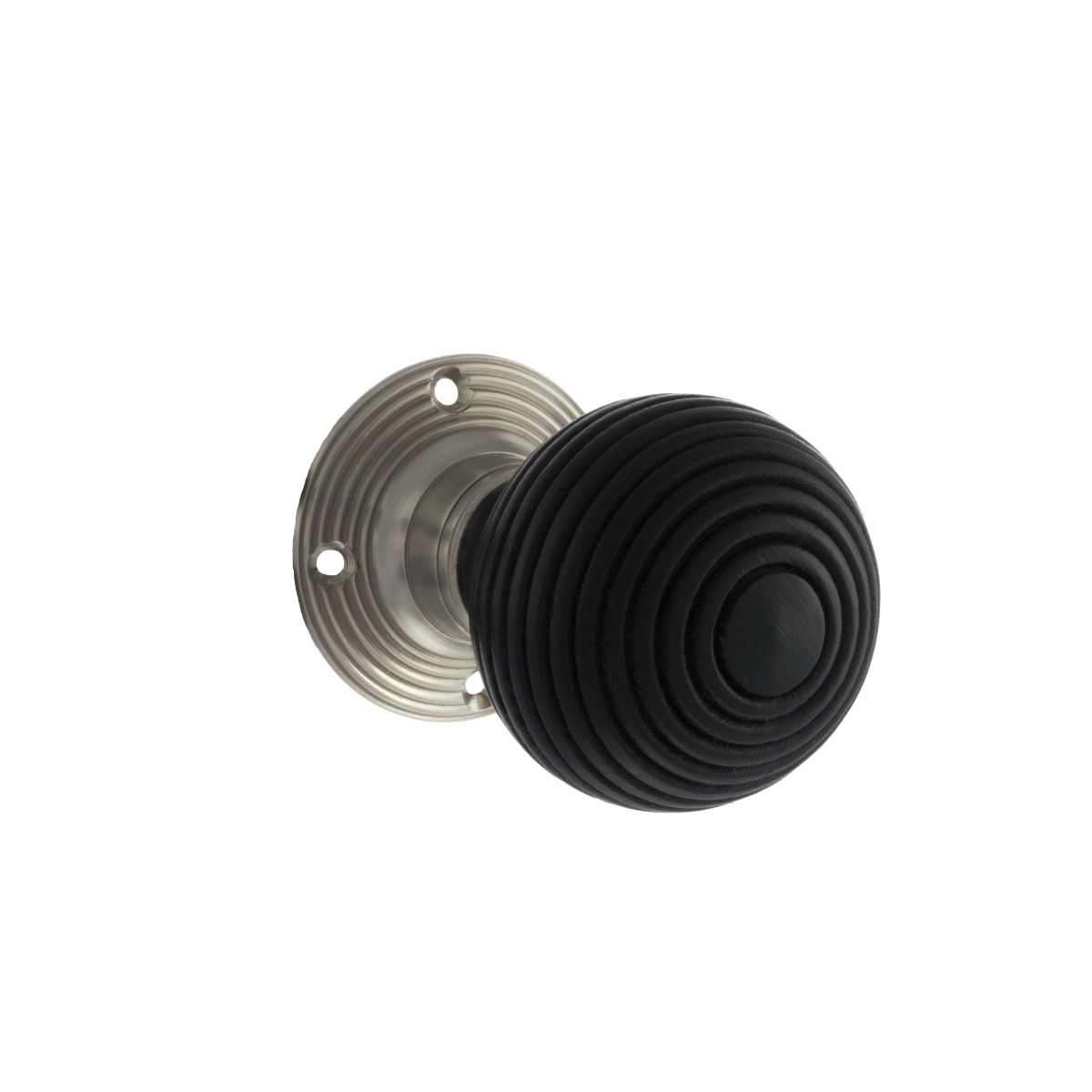 Old English Whitby Ebony Wood Reeded Mortice Knob on 60mm Face Fix Rose - Satin Nickel OE60RREMKSN