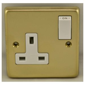 Eurolite Pb1Sow 1 Gang 13Amp Dp Switched Socket Round Edge Polished Brass Plate White Rocker