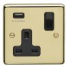 Eurolite Pb1Usbb 1 Gang 13Amp Switched Socket With 2.1 Amp Usb Outlet Round Edge Polished Brass Plate Black Rocker