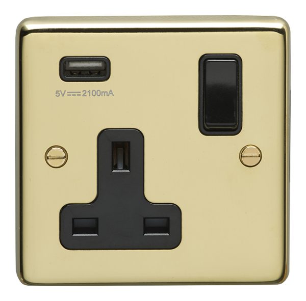 Eurolite Pb1Usbb 1 Gang 13Amp Switched Socket With 2.1 Amp Usb Outlet Round Edge Polished Brass Plate Black Rocker