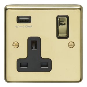 Eurolite Pb1Usbpbb 1 Gang 13Amp Switched Socket With 2.1 Amp Usb Outlet Round Edge Polished Brass Plate Matching Rocker Black Trim