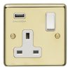 Eurolite Pb1Usbw 1 Gang 13Amp Switched Socket With 2.1 Amp Usb Outlet Round Edge Polished Brass Plate White Rocker