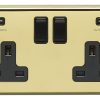 Eurolite Pb2Usbb 2 Gang 13Amp Switched Socket With Combined 4.8 Amp Usb Outlets Round Edge Polished Brass Plate Black Rockers