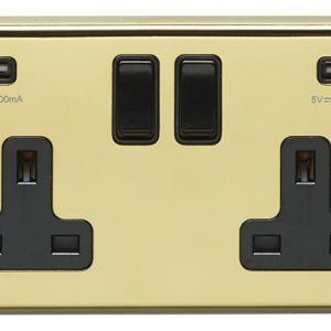 Eurolite Pb2Usbb 2 Gang 13Amp Switched Socket With Combined 4.8 Amp Usb Outlets Round Edge Polished Brass Plate Black Rockers