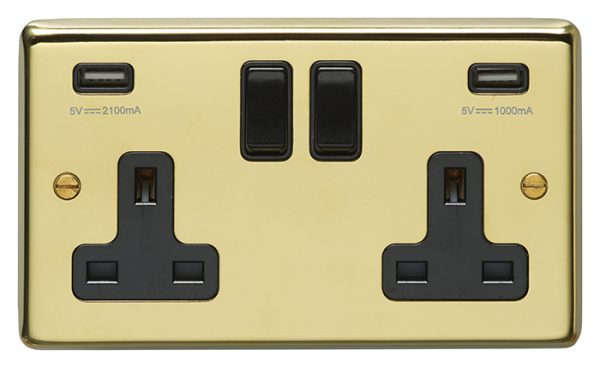 Eurolite Pb2Usbb 2 Gang 13Amp Switched Socket With Combined 4.8 Amp Usb Outlets Round Edge Polished Brass Plate Black Rockers