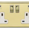 Eurolite Pb2Usbpbw 2Gang13Amp Switched Socket With Combined3.1Ampusb Outlets Round Edge Polished Brass Plate Matching Rockers White Trim