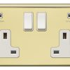 Eurolite Pb2Usbw 2 Gang 13Amp Switched Socket With Combined 3.1 Amp Usb Outlets Round Edge Polished Brass Plate White Rockers