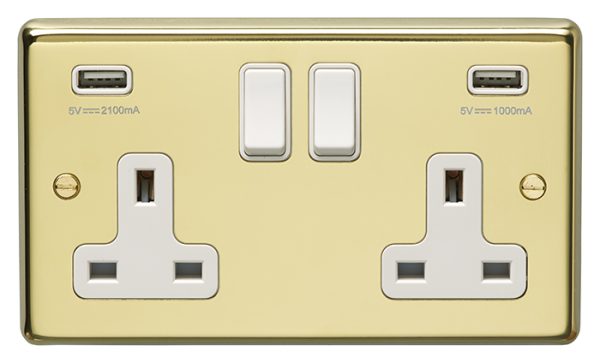 Eurolite Pb2Usbw 2 Gang 13Amp Switched Socket With Combined 3.1 Amp Usb Outlets Round Edge Polished Brass Plate White Rockers