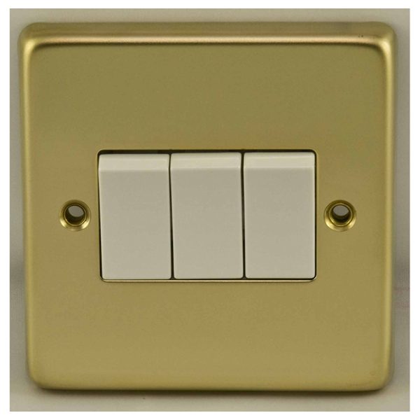 Eurolite Pb3Sww 3 Gang 10Amp 2Way Switch Round Edge Polished Brass Plate White Rockers