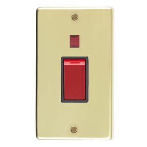 Eurolite Pb45Aswnb 45Amp Dp Cooker Switch With Neon Double Round Edge Polished Brass Plate Red Rocker Black Trim