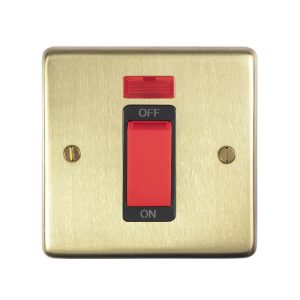 Eurolite Pb45Aswnsb 45Amp Dp Cooker Switch With Neon Single Round Edge Polished Brass Plate Red Rocker Black Trim