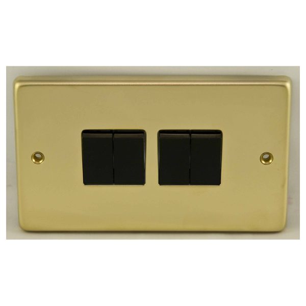 Eurolite Pb4Swb 4 Gang 10Amp 2Way Switch Round Edge Polished Brass Plate Black Rockers