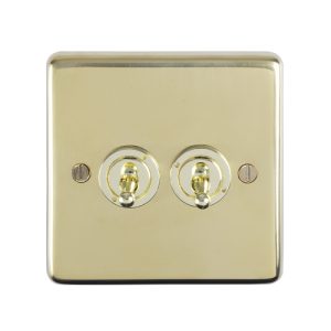 Eurolite Pbt2Sw 2 Gang 10Amp 2Way Toggle Switch Round Edge Polished Brass Plate