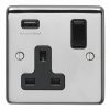 Eurolite Pss1Usbb 1 Gang 13Amp Switched Socket With 2.1 Usb Outlet Round Edge Polished Stainless Steel Plate Black Rocker