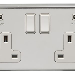 Eurolite Pss2Usbw 2 Gang 13Amp Switched Socket With Combined 4.8 Ampusb Outlets Round Edge Polished Stainless Steel Plate White Rockers