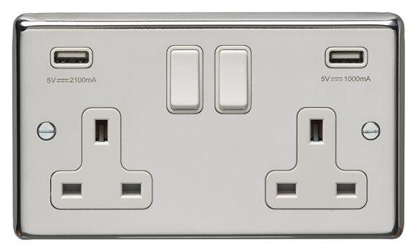 Eurolite Pss2Usbw 2 Gang 13Amp Switched Socket With Combined 4.8 Ampusb Outlets Round Edge Polished Stainless Steel Plate White Rockers