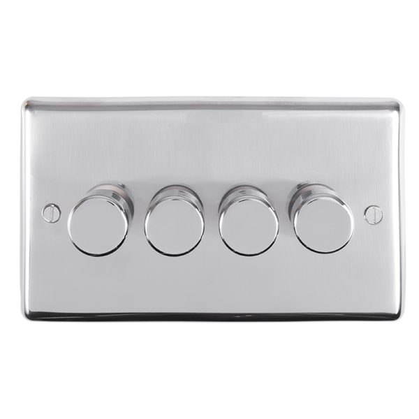 Eurolite Pss4D400 4 Gang 400W Push On Off 2Way Dimmer Round Edge Polished Stainless Steel Plate Matching Knobs