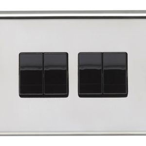 Eurolite Pss4Swb 4 Gang 10Amp 2Way Switch Round Edge Polished Stainless Steel Plate Black Rockers